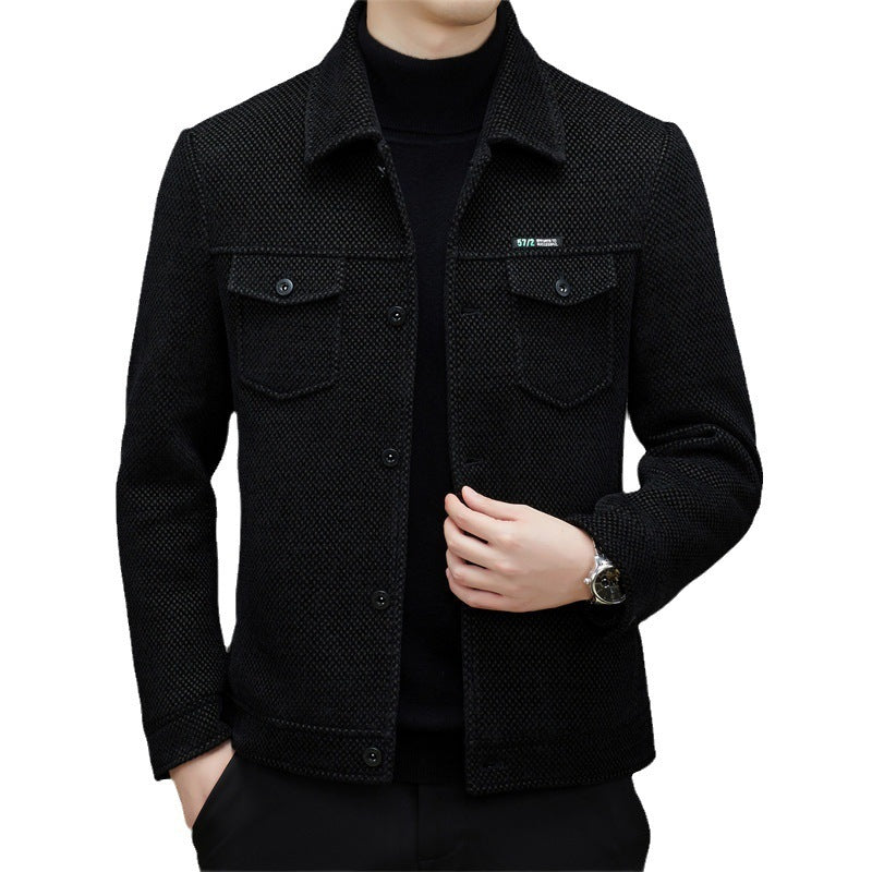 Cozyzlife Middle-Aged Men's Thickened Polo Collar Long Sleeve Woolen Top
