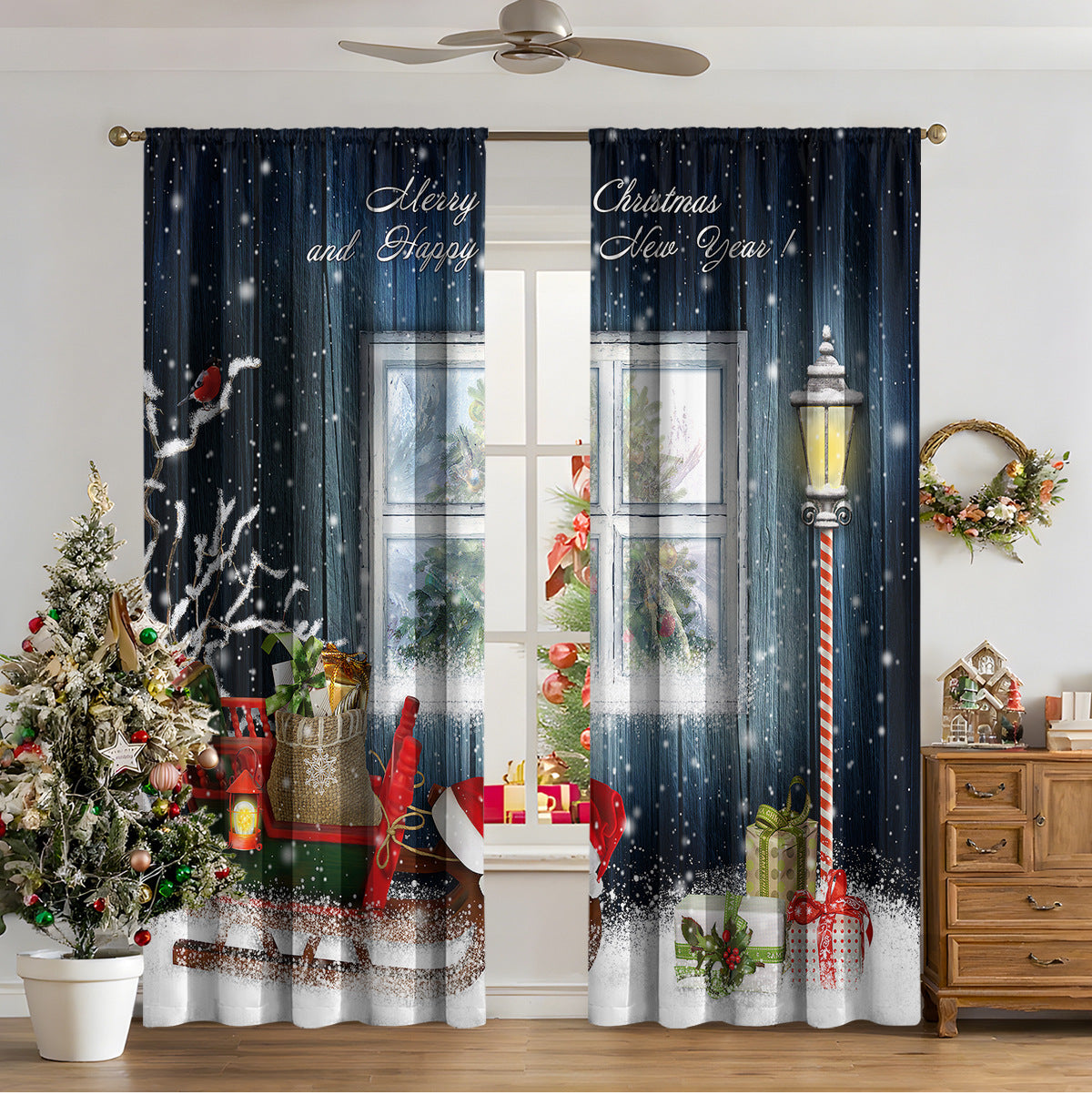 Cozyzlife 3D Digital Printed Christmas Curtains High Sunshade Polyester Set