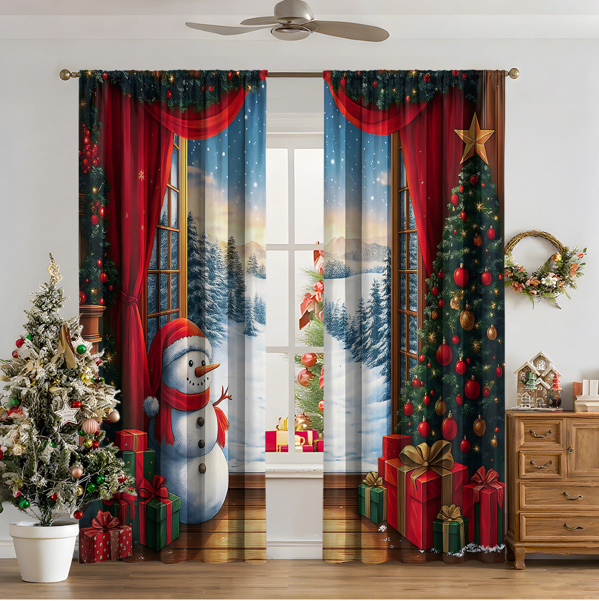 Cozyzlife 3D Digital Printed Christmas Curtains High Sunshade Polyester Set