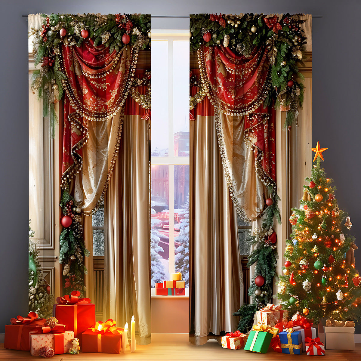 Cozyzlife 2PCs 3D Christmas Curtains Digital Printed Polyester High Sunshade