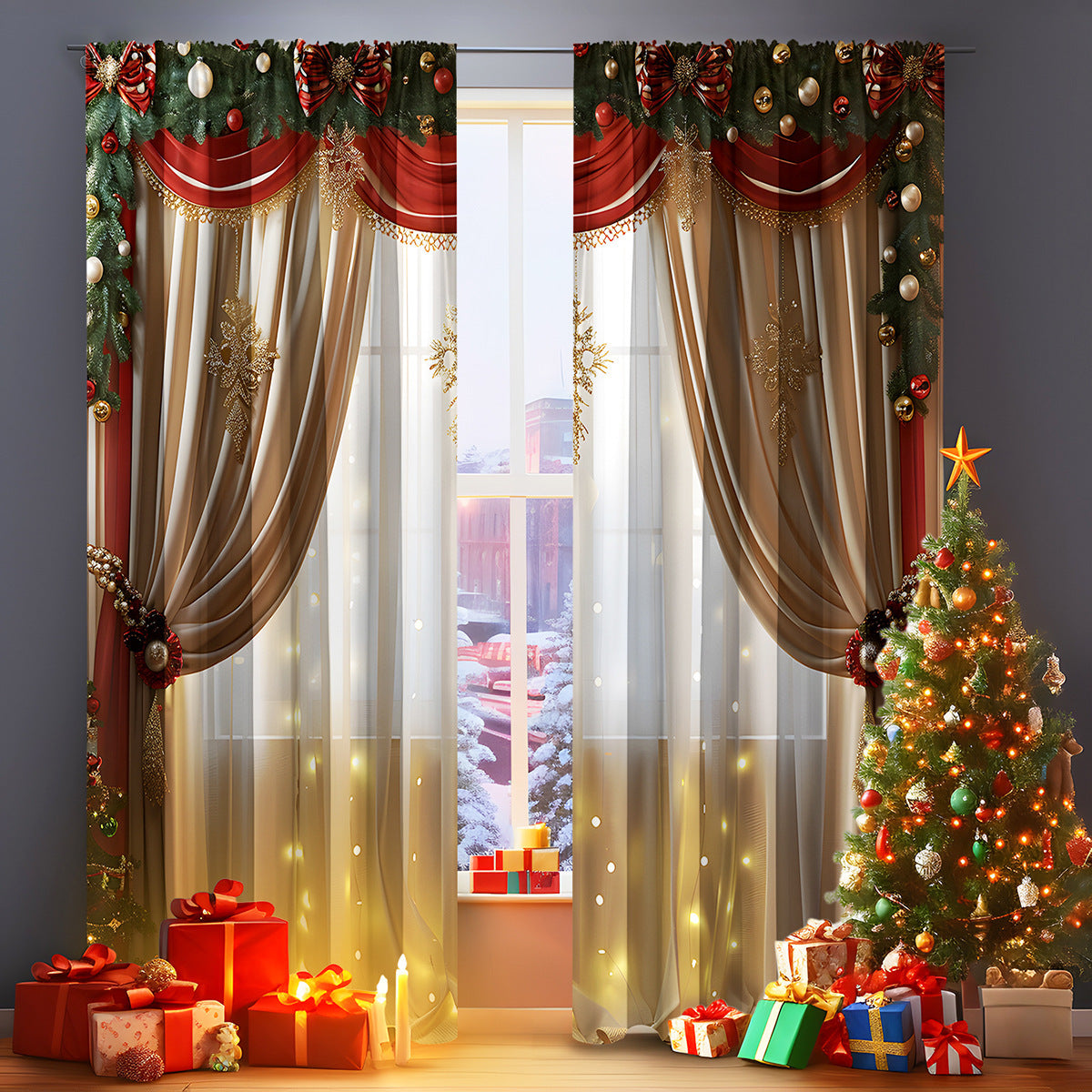Cozyzlife 2PCs 3D Christmas Curtains Digital Printed Polyester High Sunshade
