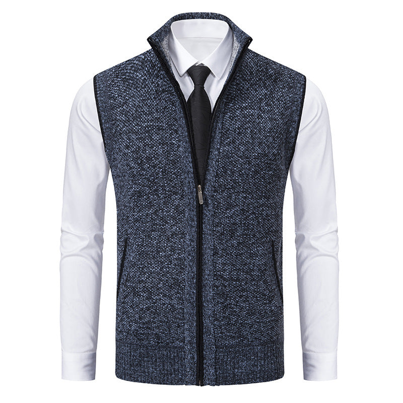 Cozyzlife Men's Stand Collar Knitted Cardigan Coat Wool Lined Sleeveless Jacket