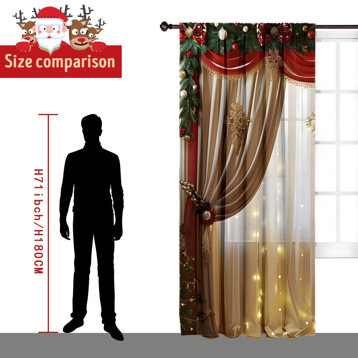 Cozyzlife 2PCs 3D Christmas Curtains Digital Printed Polyester High Sunshade