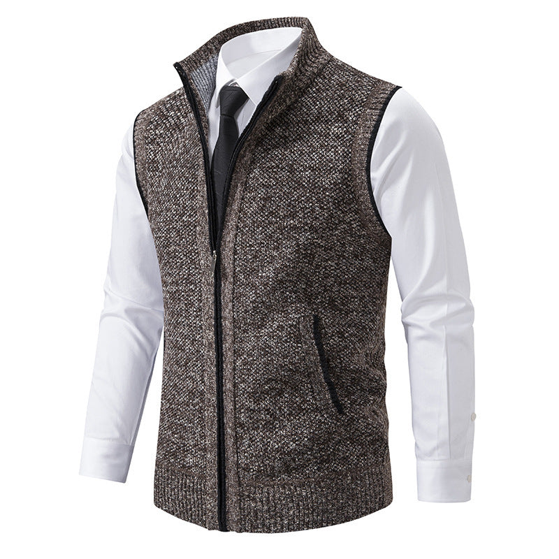 Cozyzlife Men's Stand Collar Knitted Cardigan Coat Wool Lined Sleeveless Jacket