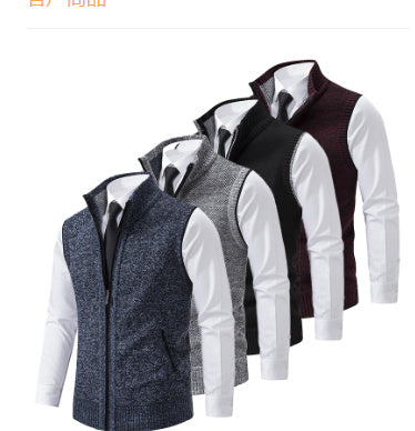 Cozyzlife Men's Stand Collar Knitted Cardigan Coat Wool Lined Sleeveless Jacket