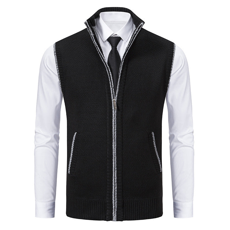 Cozyzlife Men's Stand Collar Knitted Cardigan Coat Wool Lined Sleeveless Jacket