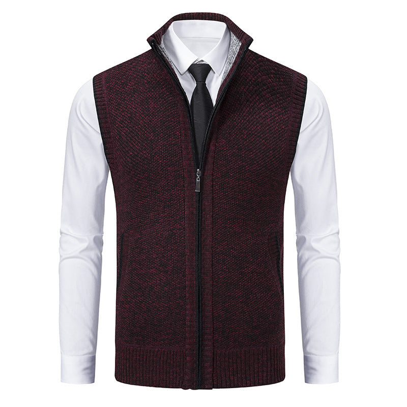 Cozyzlife Men's Stand Collar Knitted Cardigan Coat Wool Lined Sleeveless Jacket
