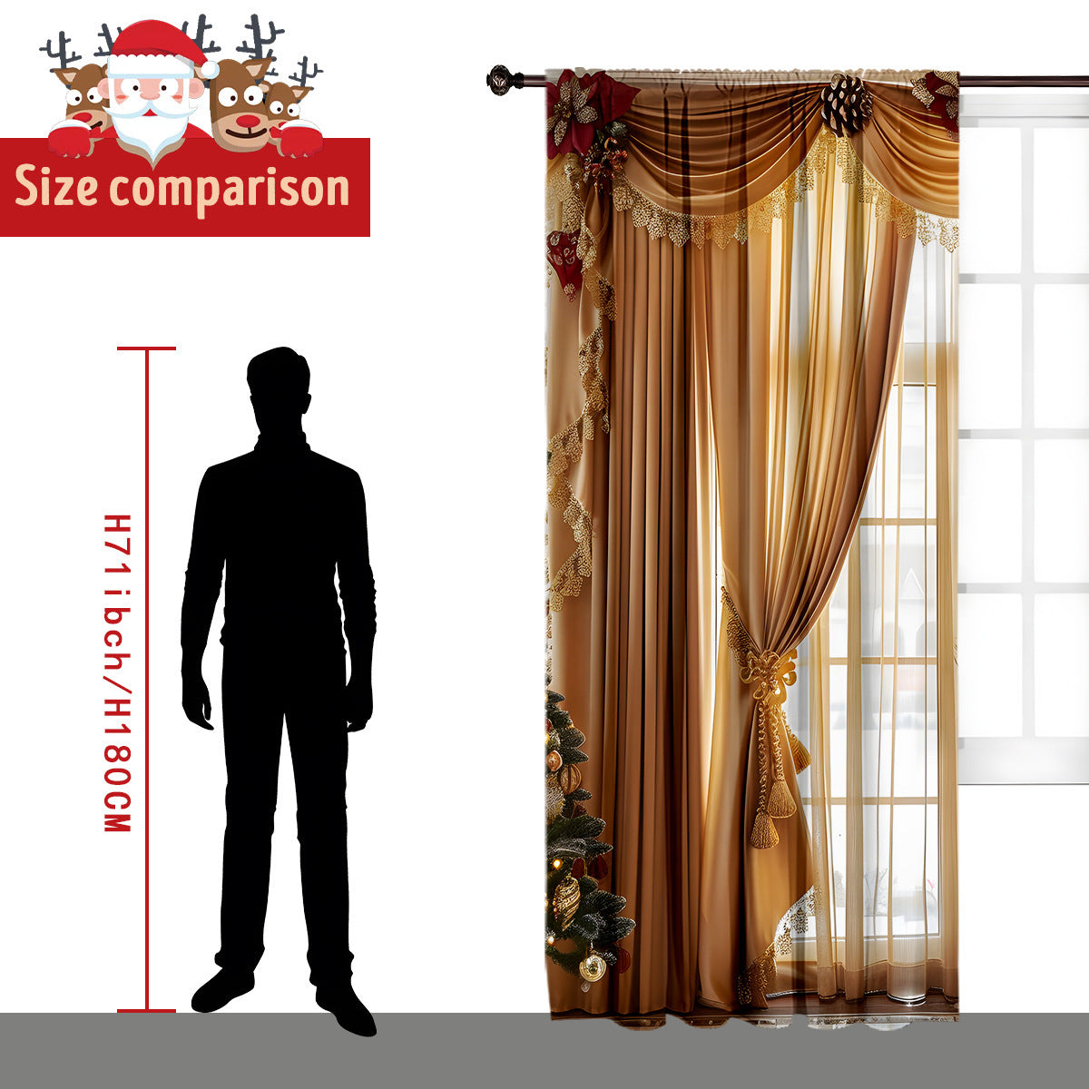 Cozyzlife 2PCs 3D Christmas Curtains Digital Printed Polyester High Sunshade