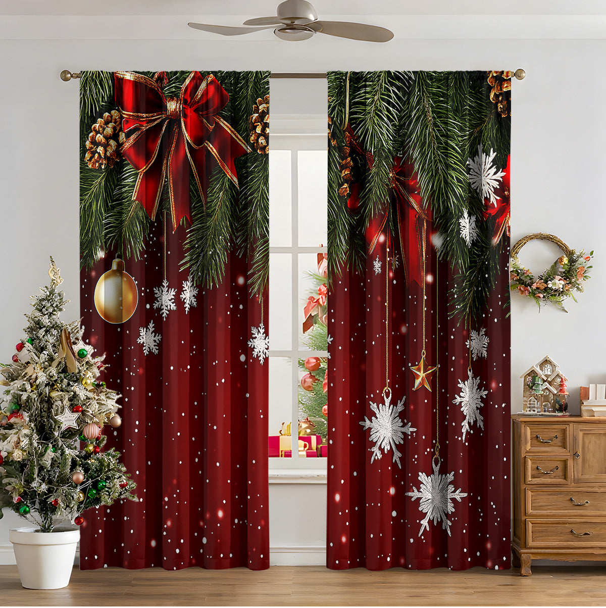 Cozyzlife 3D Digital Printed Christmas Curtains High Sunshade Polyester Set