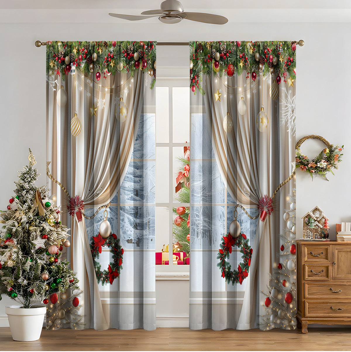 Cozyzlife 3D Digital Printed Christmas Curtains High Sunshade Polyester Set